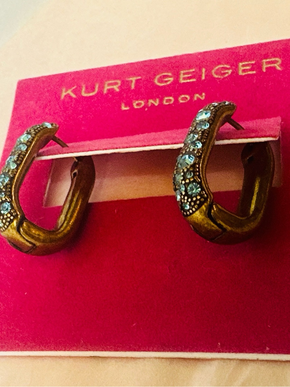 NWT Kurt Geiger Antique Gold Hoop Earrings with Turquoise Crystals - Picture 3 of 8